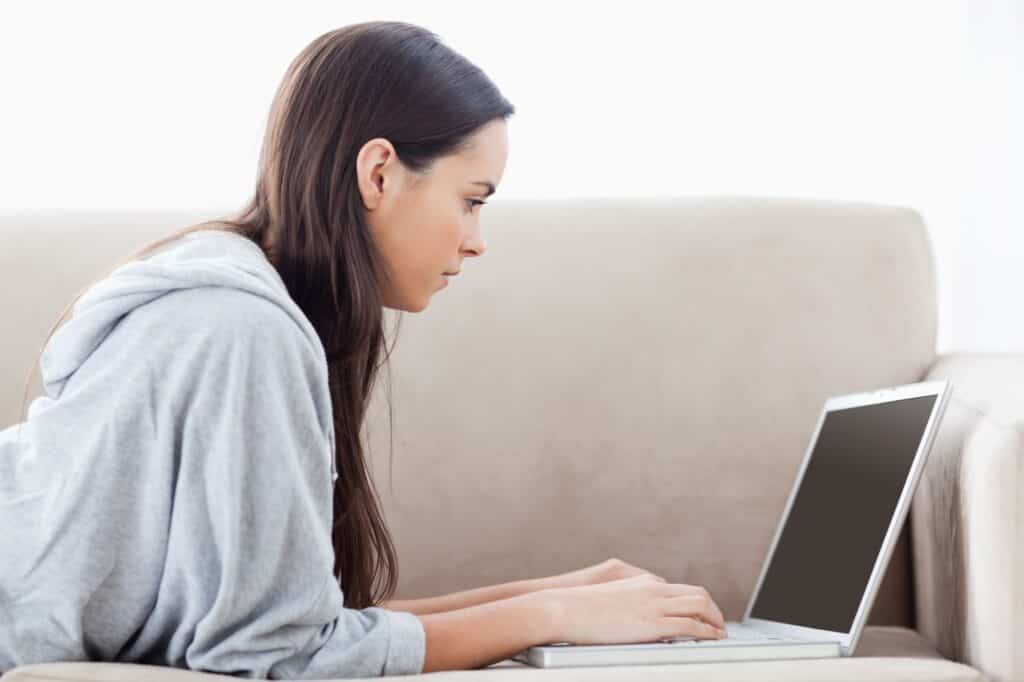 A woman checking online reviews