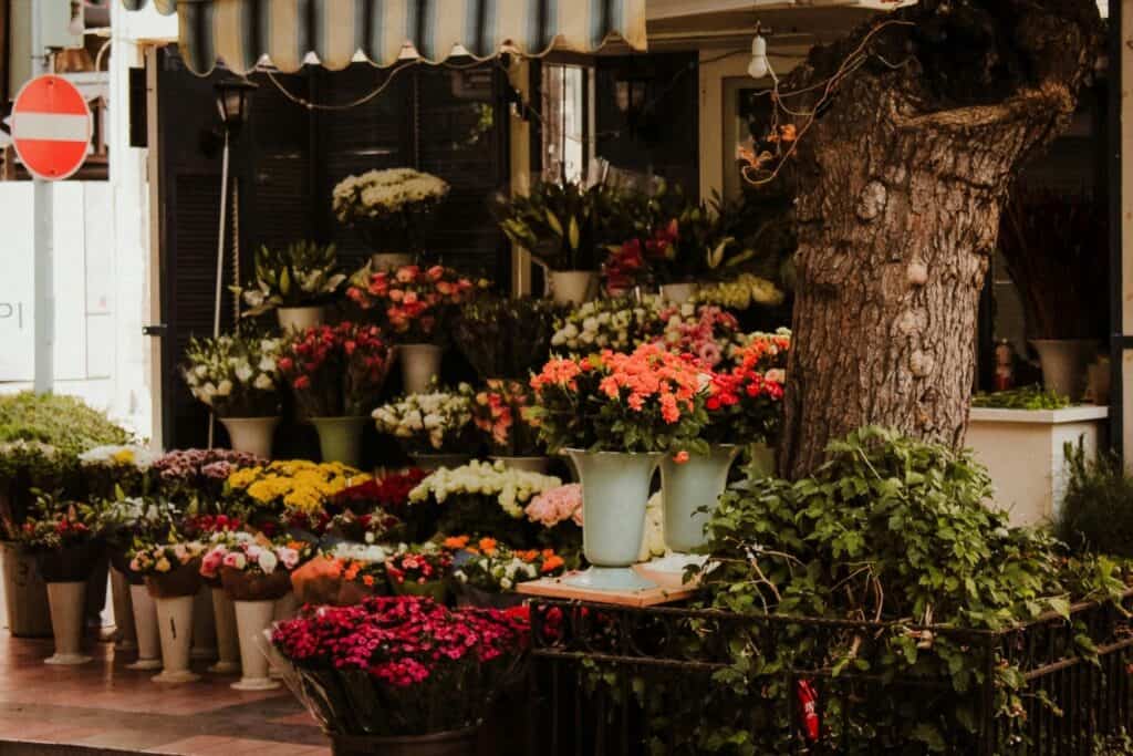 Vases of flowers outside a flower shop